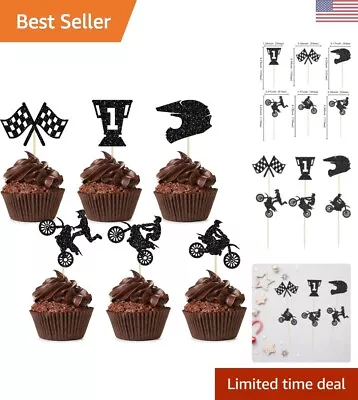 Motorcycle Cupcake Toppers - Black Glitter Motocross Dirt Bike Cake Decorations • $13.99