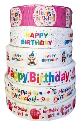 Happy Birthday Grosgrain Printed Character Ribbon 25mm Cakes Candles Party • £2.25