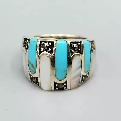 Sterling Silver Blue Turquoise MOP Marcasite Inlay Wide Band Ring Sz 8.75 8.5g • $50.81