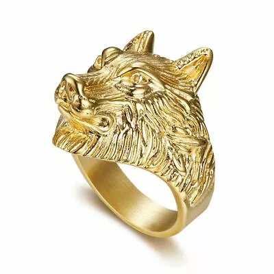 $9.44 • Buy Gold Plated Wolf Dog Head Stainless Steel Men's Craft Ring M136