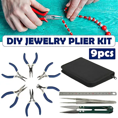£14.09 • Buy 9pcs Jewellery Making Findings Beads Mini Pliers Craft Tool Set Wire Cutters Kit