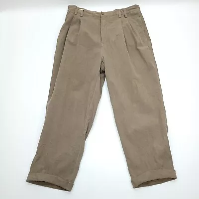 Tommy Bahama Pants Men 33 X 25 Brown 100% Silk Pleated Cuff Slash Pocket Vintage • $21.88