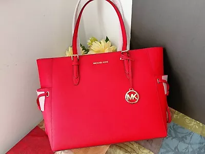 Michael Kors Gilly Large Drawstring Travel Tote Shoulder Bag Leather Bright Red • $109