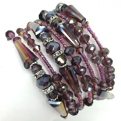 Bracelet Memory Wire Stack Iridescent Purple Beaded Expandable • $9.95