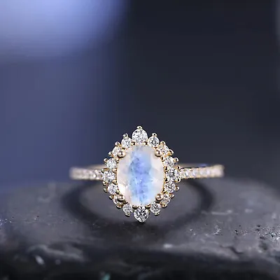 Natural Dainty Milky Blue Moonstone Halo Engagement Rings In 925 Sterling Silver • $47.69