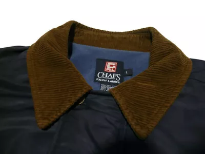 $27.88 • Buy Vtg Chaps Ralph Lauren Mens Large Blue Nylon Bomber Jacket Coat Corduroy Collar
