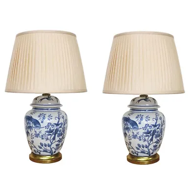 £302 • Buy Pair Of Chinese Table Lamps With Shades - Gold Base - Tropical Birds - 55cm (DS)