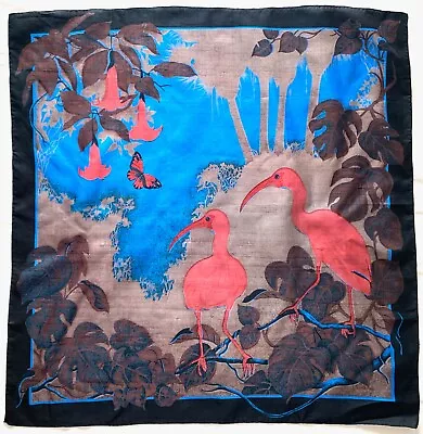 Thailand SCARLET IBIS Birds Wildlife Black Pink Blue Hand Rolled Thai Silk Scarf • $15.20