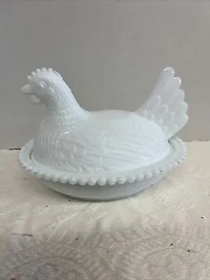 Vintage Indiana White Milk Glass Chicken Hen On Nest Covered Bowl Candy Dish • $14.99