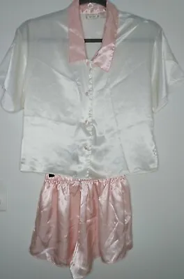 Vtg Victorias Secret S 2 Piece Pink White Button Top Shorts Lounge Pajama Set • $24.99