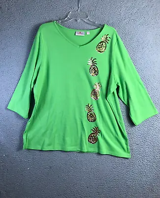 Quacker Factory Shirt Womens XL Green V Neck Sequin Pineapple 3/4 Sleeve Stretch • $16.88