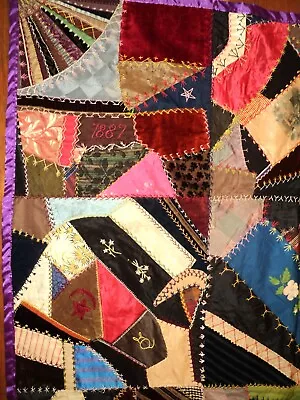 Antique 1887 & 1911 Embroidered SILK Velvet CRAZY PATCHWORK QUILT Lithos + Names • $229.95