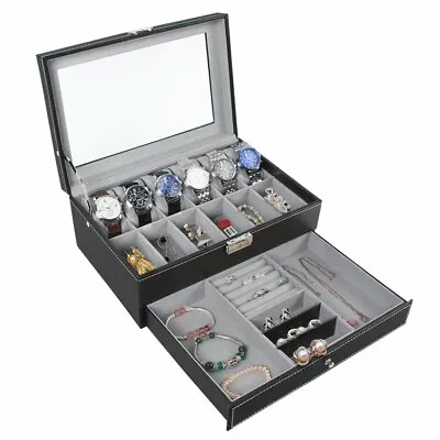 12 Slots Watch Case PU Leather Watch Box Mens Jewelry Display Organizer W/Drawer • $28.99