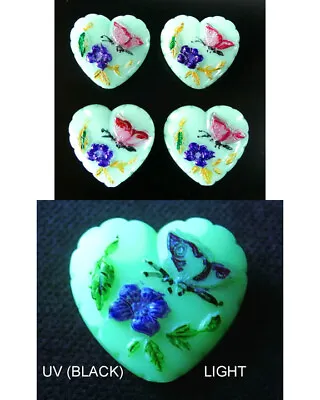 4 Czech Vaseline Glass Buttons #B716 - 23 Mm Or 7/8  - BUTTERFLY WITH FLOWER  • $13.99