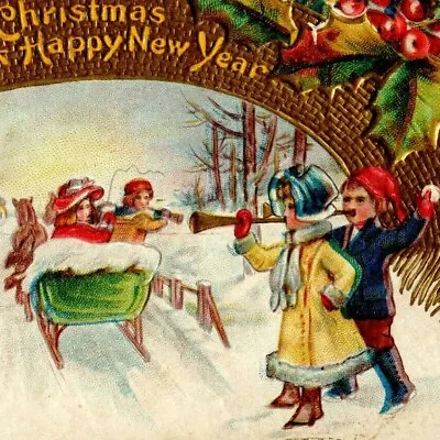 Antique Merry Christmas New Year Postcard Horse Drawn Sleigh Horn Snowball Throw • $13.12