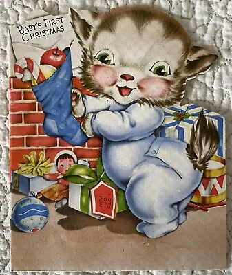 Vintage Christmas Cat Kitten Stocking Toys Baby First Greeting Card 1930s 1940s • $4.43