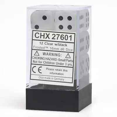 Chessex Frosted Clear With Black 12 Dice Set - 6 Sided - 16mm D6 Dice Block • $10.95