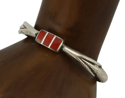 Zuni Sand Cast Bracelet 925 Silver Red Coral Native Artist C.80's • $118