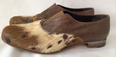 $80 • Buy Salpy Woman Leather Chestnut Brown Calf Hair  Slip On Loafers Shoes RARE Sz 9