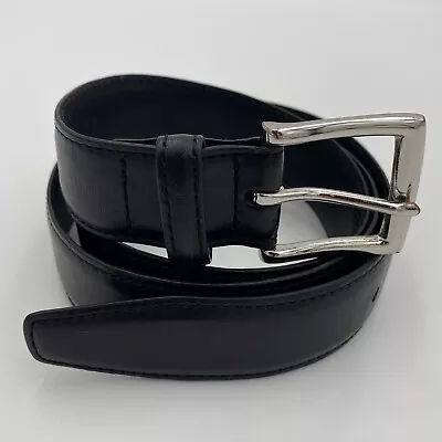 J. Crew Black Genuine Leather Belt Mens Size 34 H3626 Silver Buckle 1  Wide • $14.99