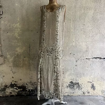 Antique 1920s Icy Silver & White Beaded & Sequin Dress Stars French Vintage • $750