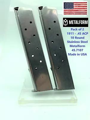 (Pack Of 2)1911 10 ROUND MAGAZINE .45 ACP AUTO METALFORM 45.7107 EXTENDED MAG • $37.95