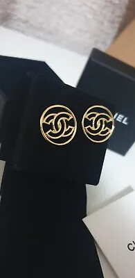 Chanel B17 C Round Circular Gold Metal Obazine Chanel Logo Earrings With Receipt • $850