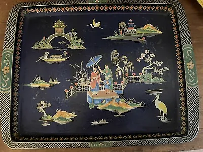 Vintage Daher Decorated Ware ASIAN ORIENTAL Tin Metal Tray Large  17.5  X 13.75  • $8