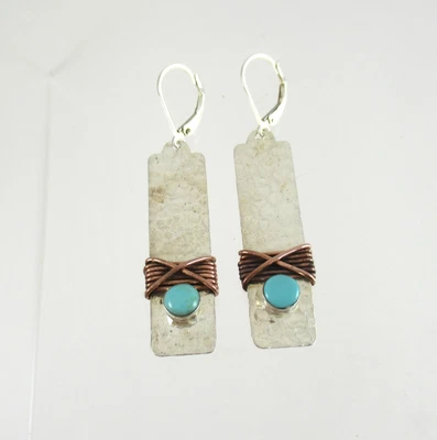 $75 • Buy HOB Mexico .925 Sterling Silver & Copper Turquoise Dangle Earrings Mixed Metals