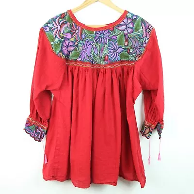 Embroidered Mexican Oaxacan Peasant Red Top Long Sleeve Cotton Gauze L Boho • $45