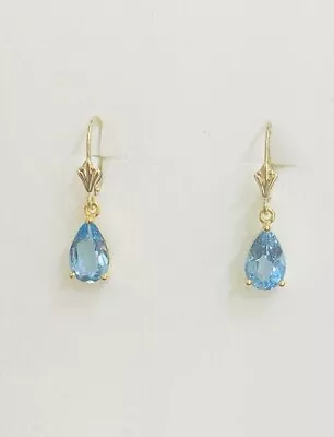 14K Solid Yellow Gold Level Back Earrings With Pear Blue Topaz 2.35GM(4.89CT) • £167.98