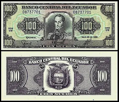 Ecuador 100 Sucres 1990 P 123 Uncirculated Banknote • $2.97