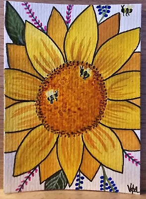Watercolour ACEO Bright Sunflower & Bee's Original Painting In Sleeve Vicki 2024 • £3.50
