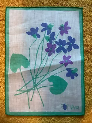 Vera Neumann 1 VINTAGE Linen Napkin 5x7 Cocktail Purple Green VIOLETS Ladybug 1 • $29.95