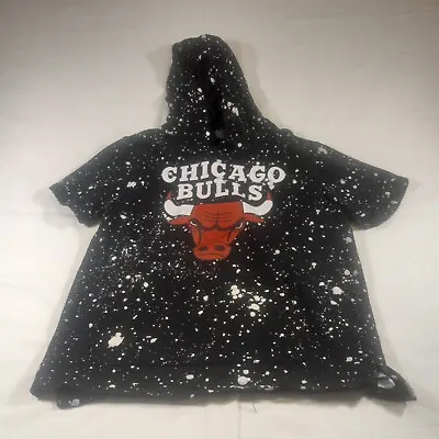 VINTAGE Chicago Bulls Hoodie Mens Black White Splash Medium Pullover • $12.98