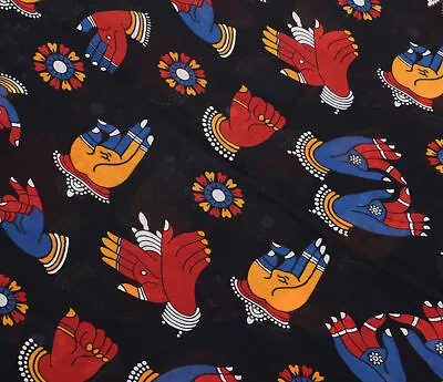 Sushila Vintage Black 100% Pure Cotton Saree Hasta Mudra Printed Soft Fabric • $25.99