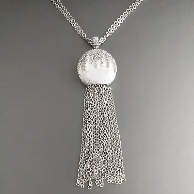 Vintage Monet Brushed Silver Tone Necklace Pendant Tassel Satin Matte Icicle 28” • $49