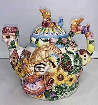 Easter Garden Party Teapot Bunny Rabbits Colorful Design 1999 Vintage TP302 • $19.99