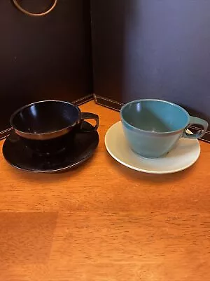 Set Of 2 Vintage Mallo Ware Cups #37 & Saucers #55  PR Mallory Plastics Blk Grn • $15.85