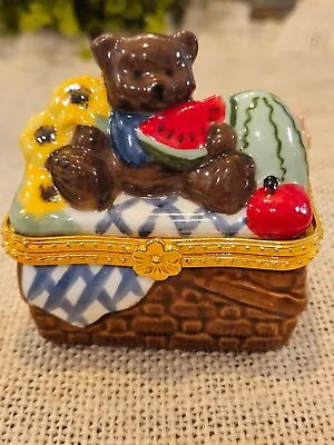 Collectible Mini Bear In Picnic Basket Porcelain Hinged Trinket Ring Box • $19.97