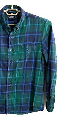 Chaps Mens Sz  M Cotton L/S Button Down Green Navy Blue Plaid Flannel Shirt EUC • $6.16