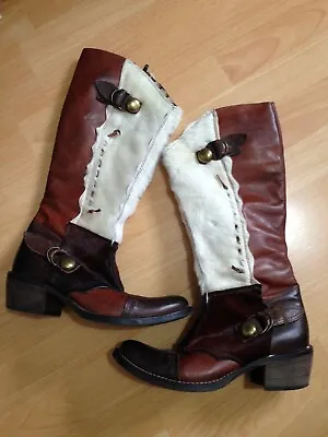  Lea Foscati Western Cowboy Brown Leather/Faux Fur Boots Size 39 Made In Italy • £70