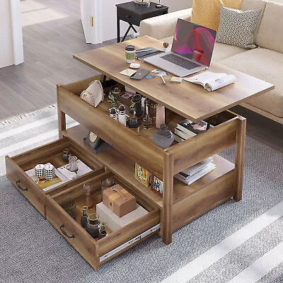 2 Drawer Lift Top Coffee Table Wooden With Hidden Compartment & Storage Shelves • $103