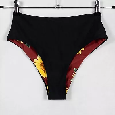 Zaful Womens Small Reversible Bikini Swim Bottom Black Red Sunflower Print New • $11.39