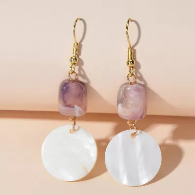 Purple Resin White Shell Round Dangle Hook Earrings Holiday Boho Chic Jewellery • $1.99