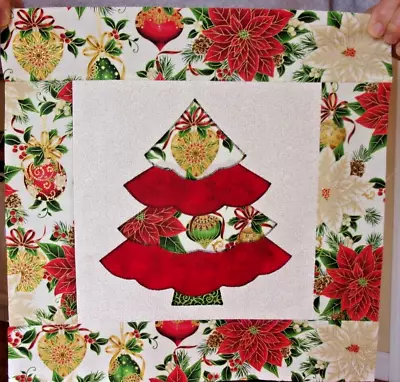 Scrappy Gold Ornament Red Christmas Tree Mini Quilt Top Only Appx 15 ½   Sq #740 • $15.99