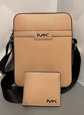 Michael Kors Cooper Camel Textured Leather Flight Crossbody Messenger Bag&Wallet • $32.98