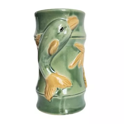 Vtg Majolica Art Pottery Vase Planter Dolphin Bamboo Green Table Accent Decor • $19.59