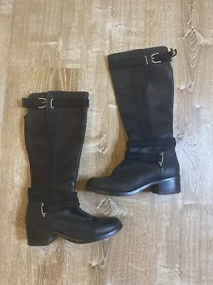 UGG Darcie Boot Women 6.5 Black Leather Riding Boot Buckle Suede Zip EUC • $49.97