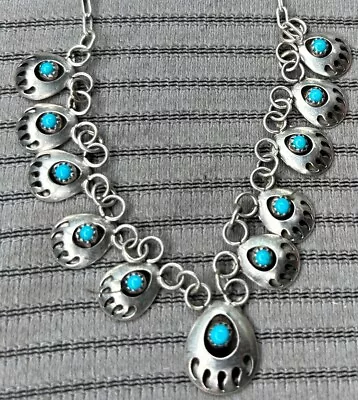 Vintage Navajo Sterling Silver Turquoise Bear Claw Shadow Pendant Necklace • $125